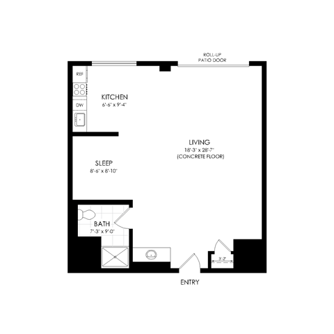 Floor plan for studio, 1 bath, 750 sqft